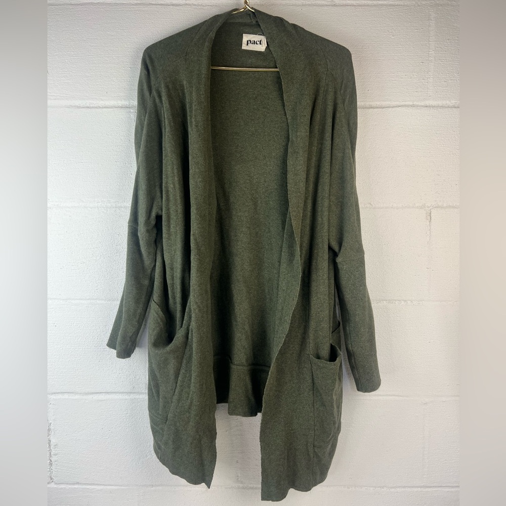 Pact Olive Green Open-Front Knit Cardigan